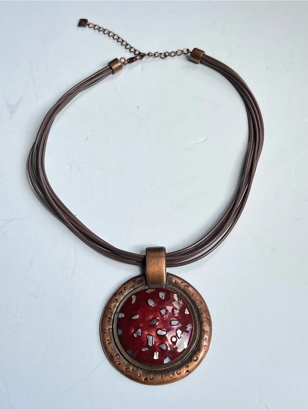 Artisan Copper Red Enamel Pendant Faux Leather Cord 19